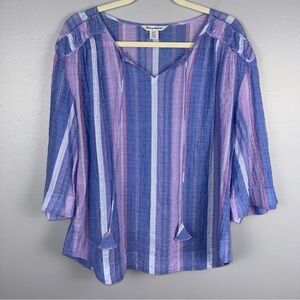 Tommy Bahama Women’s Small Striped Tasseled Loose Blouse  3/4 Sleeves Boho
